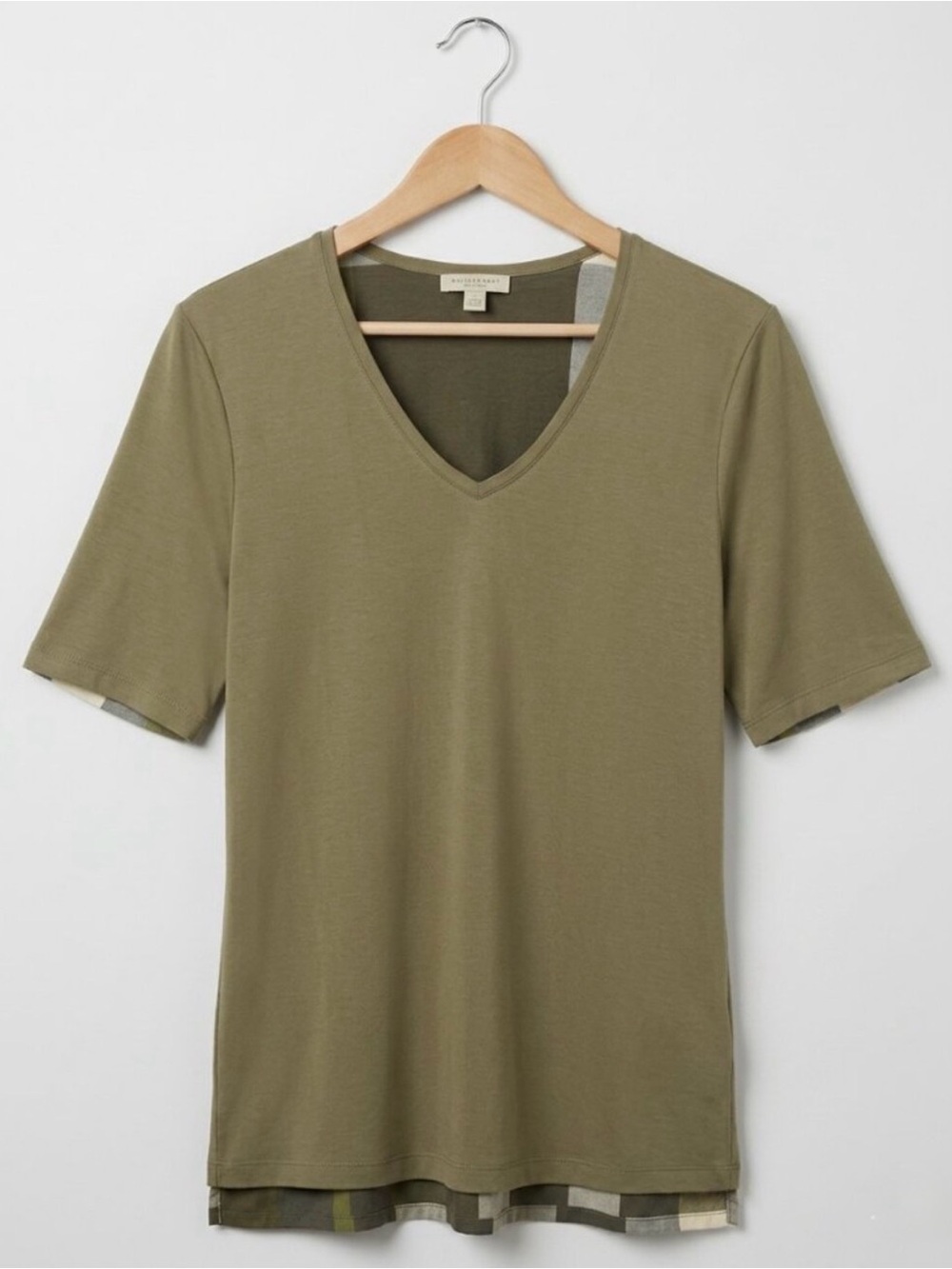 BURBERRY Brit Olive Green V-Neck Layered Hem Tee